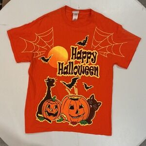 VTG Y2K Bobbie Brooks Happy Halloween AOP‎ Black Cat Pumpkin T-Shirt  L Orange